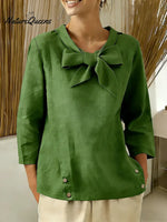 Women's Solid Color V-neck Bow Tie Three-quarter Sleeve Casual Loose Cotton Linen Top