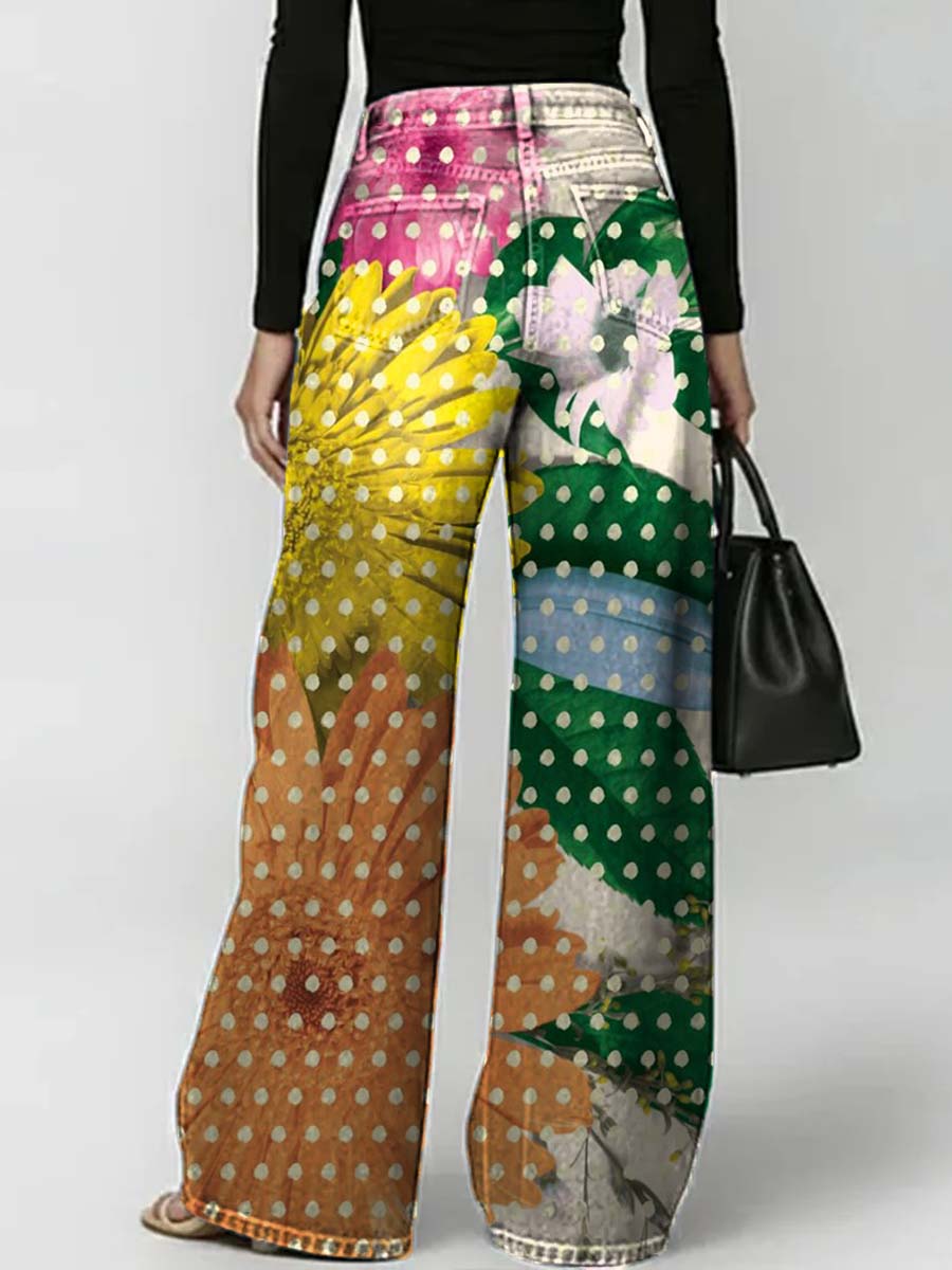 Women's Floral Art Print Casual Stylish Hollow Denim Pants