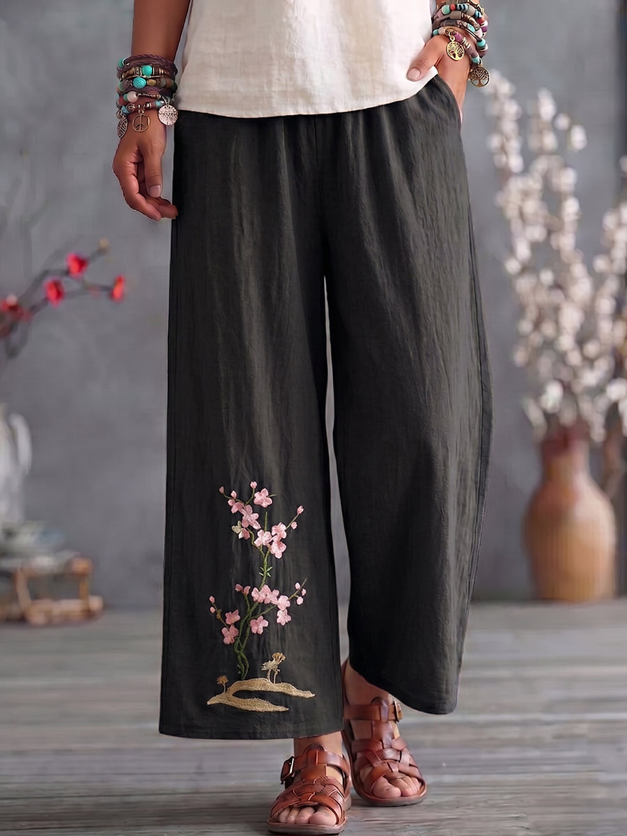Cozy Floral-embroidered Cotton-linen Straight-leg Cropped Pants