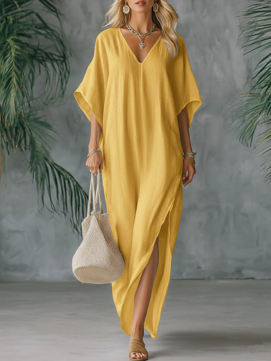 Women's Solid Color V-neck 3/4 Sleeve Casual Loose Cotton And Linen Dress