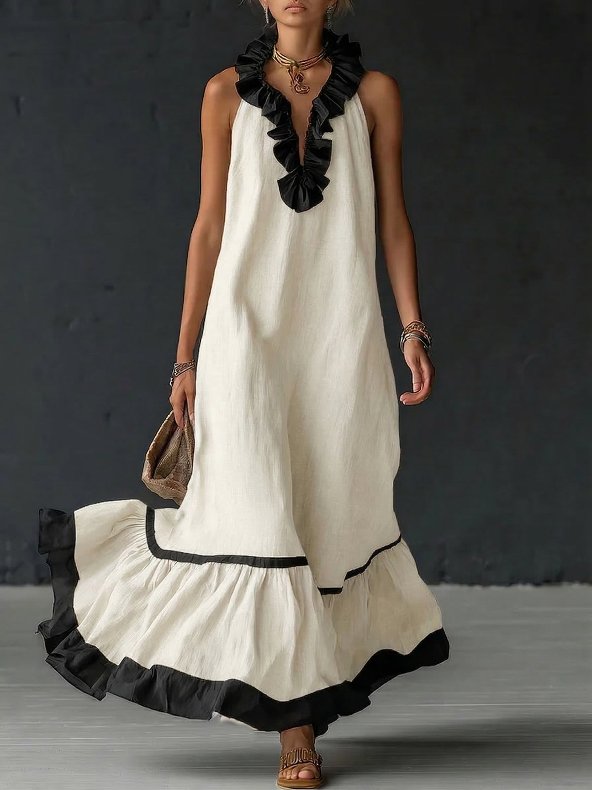 Elegant And Romantic Ruffled Color-blocked Maxi Dress