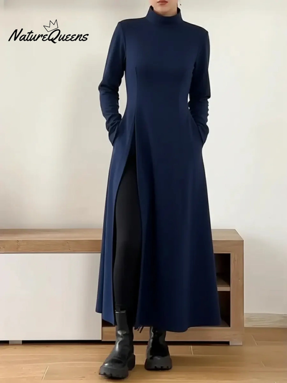 Women's Belted Long-sleeved Wool Blend Dress