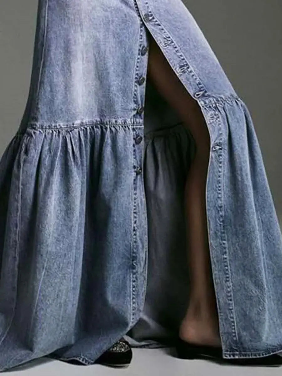 Women's Casual Button Stylish Art Denim Long Skirt