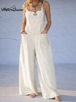 Women's Solid Color High-waisted Casual Loose Cotton And Linen Wide-leg Jumpsuit With Suspenders.