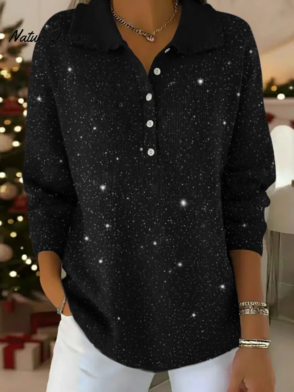 Women's Solid Color Peter Pan Collar Long Sleeve Casual Loose Sequined Knit Top