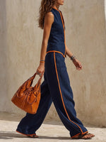 Women's Navy With Orange Trim Linen Sleeveless Set