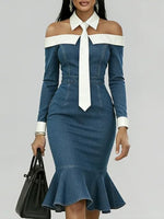 Women's Off-the-shoulder Long-sleeved Casual Loose Denim Slim-fit Dress