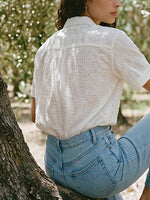 Women White Floral Cuffed Short Sleeve Loose Casual Shirt