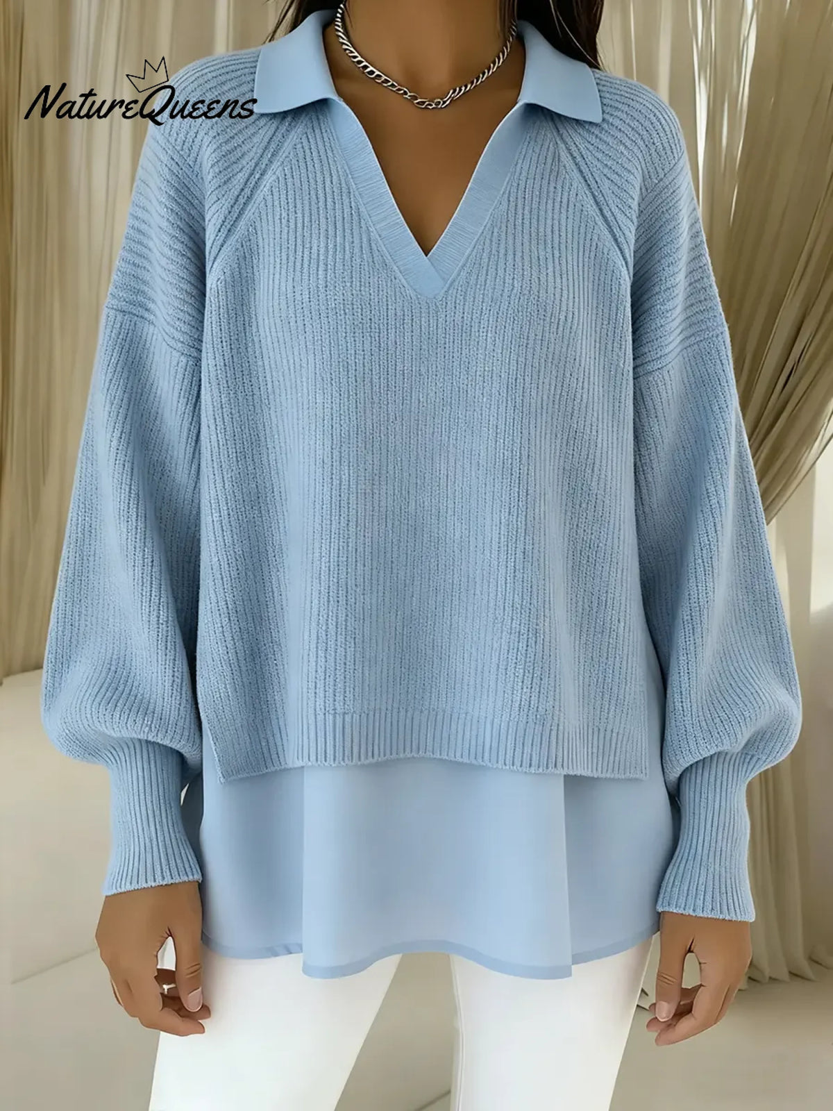 Women's Solid Color V-neck Long Sleeve Casual Loose Knitted Patchwork Top