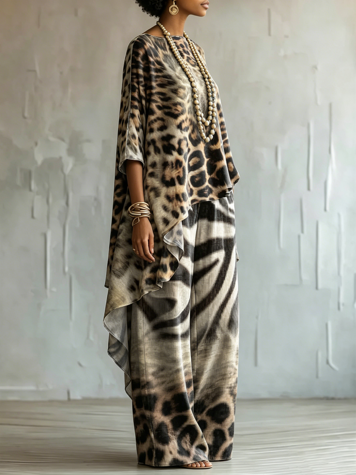 Loose-fit Leopard Print Cotton-linen Top + Wide-leg Pants Set