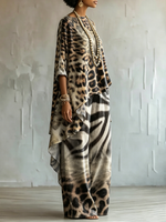 Loose-fit Leopard Print Cotton-linen Top + Wide-leg Pants Set