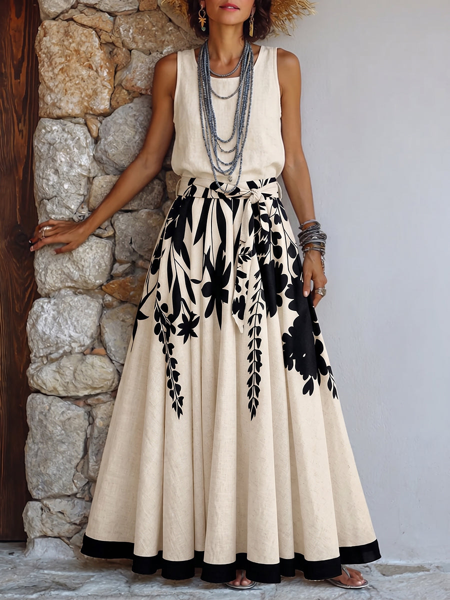 Artistic Floral & Leaf Print Cotton-linen Two-piece Set (skirt & Top)