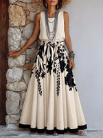 Artistic Floral & Leaf Print Cotton-linen Two-piece Set (skirt & Top)