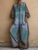 Women's Vintage-print V-neck 3/4-sleeve Loose-fit Cotton-linen Top & High-waisted Wide-leg Pants Set