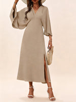 Women's V-neck Slit Loose-fitting Long-sleeved Dress