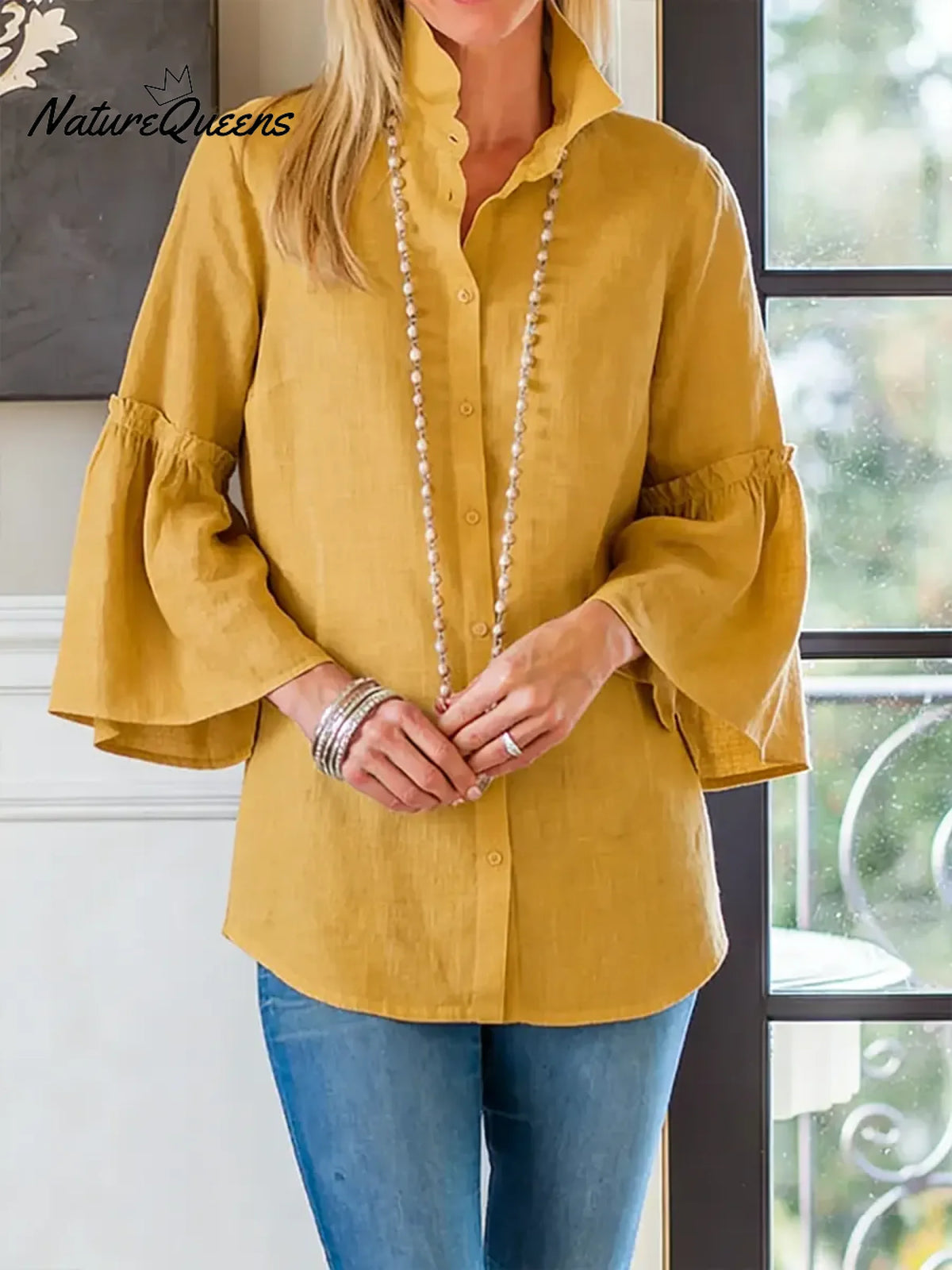 Women's Solid Color Lapel 3/4 Sleeve Casual Loose Cotton And Linen Shirt