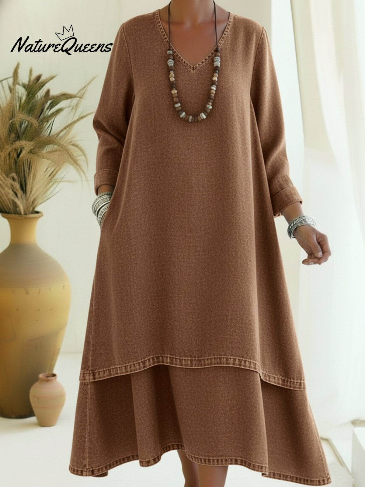 Elegant V-neck Double-layered Hem Denim Dress