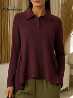 Women's Solid Color Shirt Collar Long-sleeved Casual Loose Top With Irregular Hem.