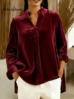 Women's Solid Color V-neck Long Sleeve Casual Loose Velvet Top