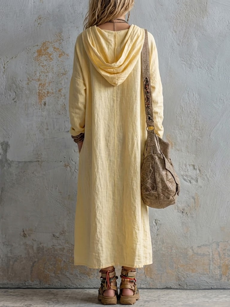 Loose-fit Casual Linen And Cotton Hooded Dress