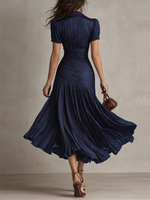 Elegant Draped & Pleated Striped Midi Dress