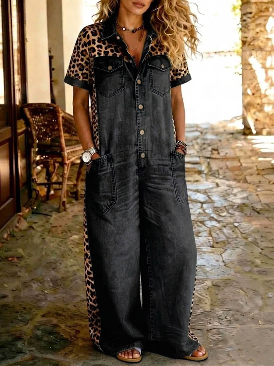 Women's Short-sleeve Wide-leg Denim Jumpsuit With Shirt Collar And Leopard Print Paneling