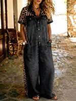 Women's Short-sleeve Wide-leg Denim Jumpsuit With Shirt Collar And Leopard Print Paneling