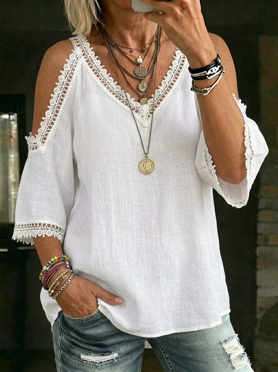 Women's Causal V-neck Off-shoulder Lace Trim Design Cotton Blouse