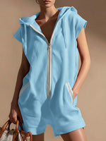 Women's V-neck Sleeveless Casual Loose Hooded Jumpsuit Shorts