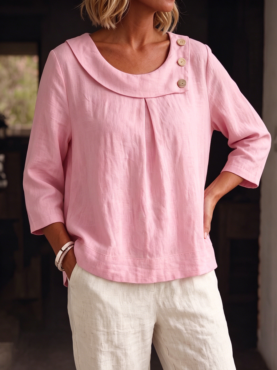 Breathable Cotton-linen Shirt With Soft-fold Neckline (lagenlook Style)