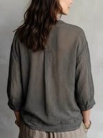 Women's Striped Print V-Neck 3/4-sleeve Casual Loose Cotton-linen Top