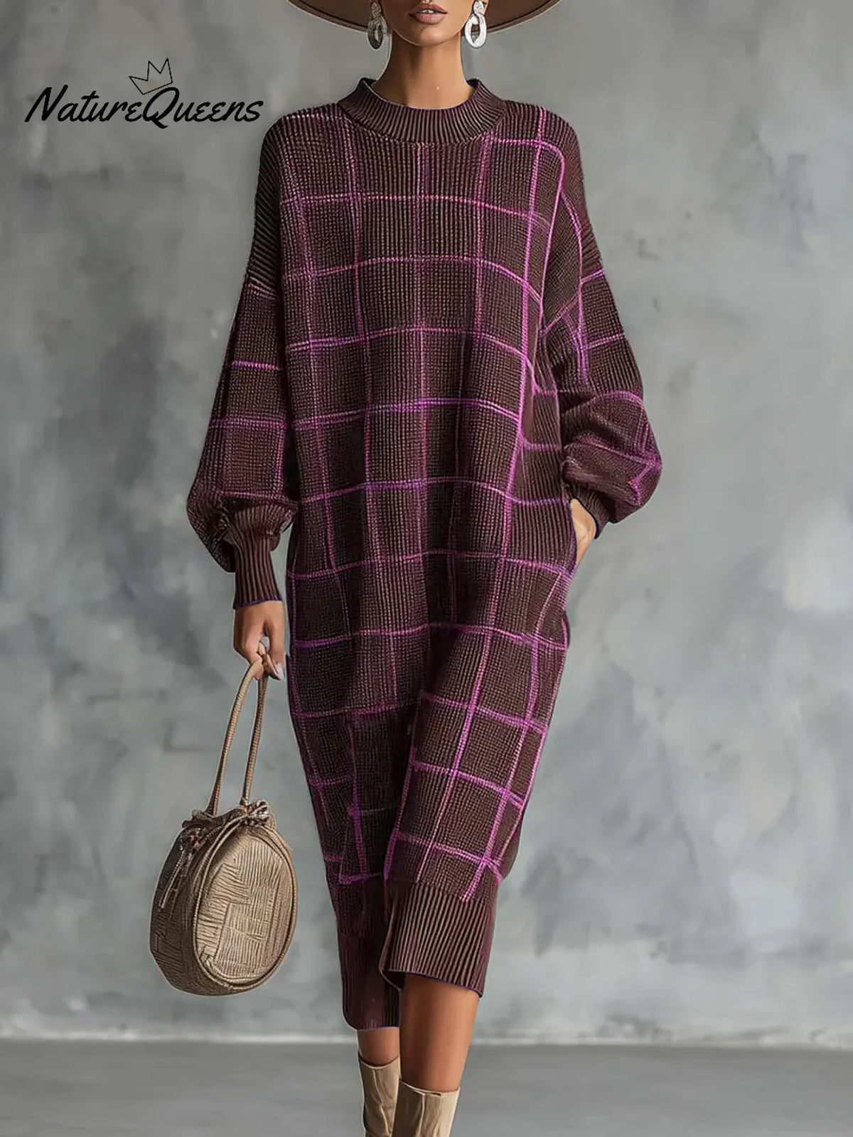Women's Plaid Print Round Neck Long-sleeved Casual Loose Knit Dress
