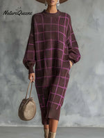 Women's Plaid Print Round Neck Long-sleeved Casual Loose Knit Dress