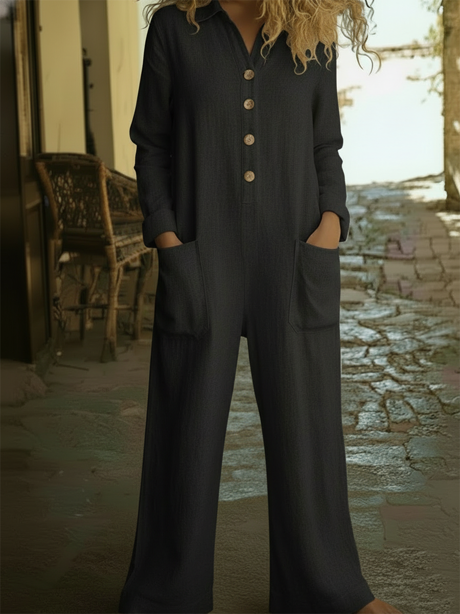 Casual Polo Collar Button-up Linen Jumpsuit