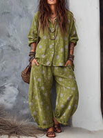 Loose-fit Casual Polka-dot Print Linen And Cotton Shirt And Pants Two-piece Set