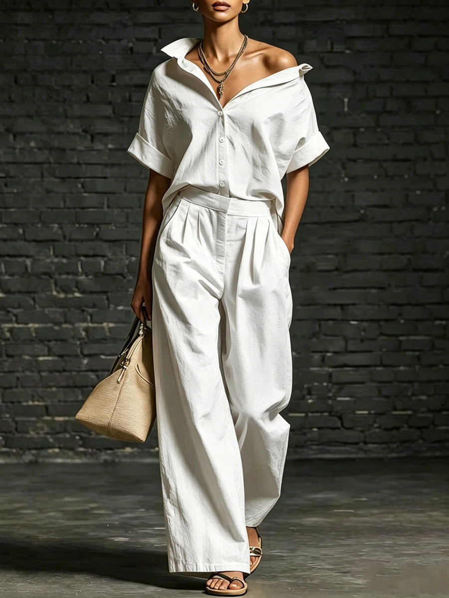 Women's Solid-color Casual Lapel Short-sleeve Shirt And Wide-leg Trousers Set