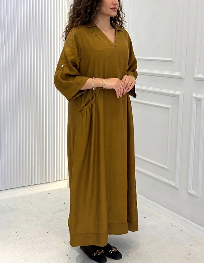 Women's V-Neck Short-Sleeve Linen-Blend Loose Maxi Dress