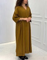 Women's V-Neck Short-Sleeve Linen-Blend Loose Maxi Dress