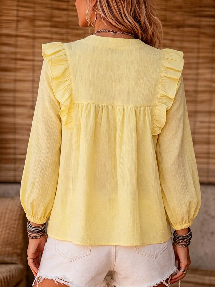 Women's Cotton And Linen Top With Ruffle Trim