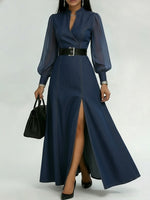 Women's Patchwork Organza Sleeve Maxi Split Denim Dress