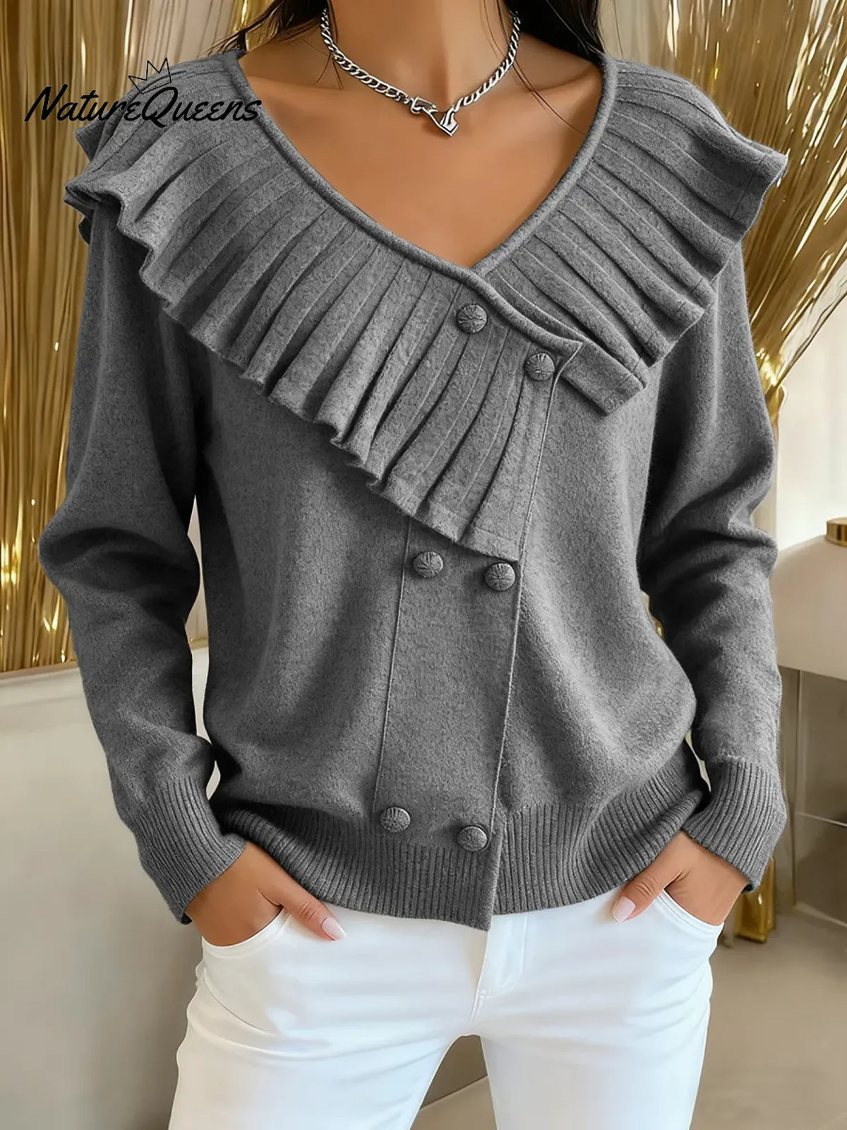 Women's Solid Color V-neck Long Sleeve Casual Loose Ruffled Knit Cardigan