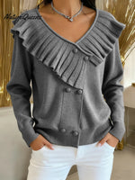 Women's Solid Color V-neck Long Sleeve Casual Loose Ruffled Knit Cardigan