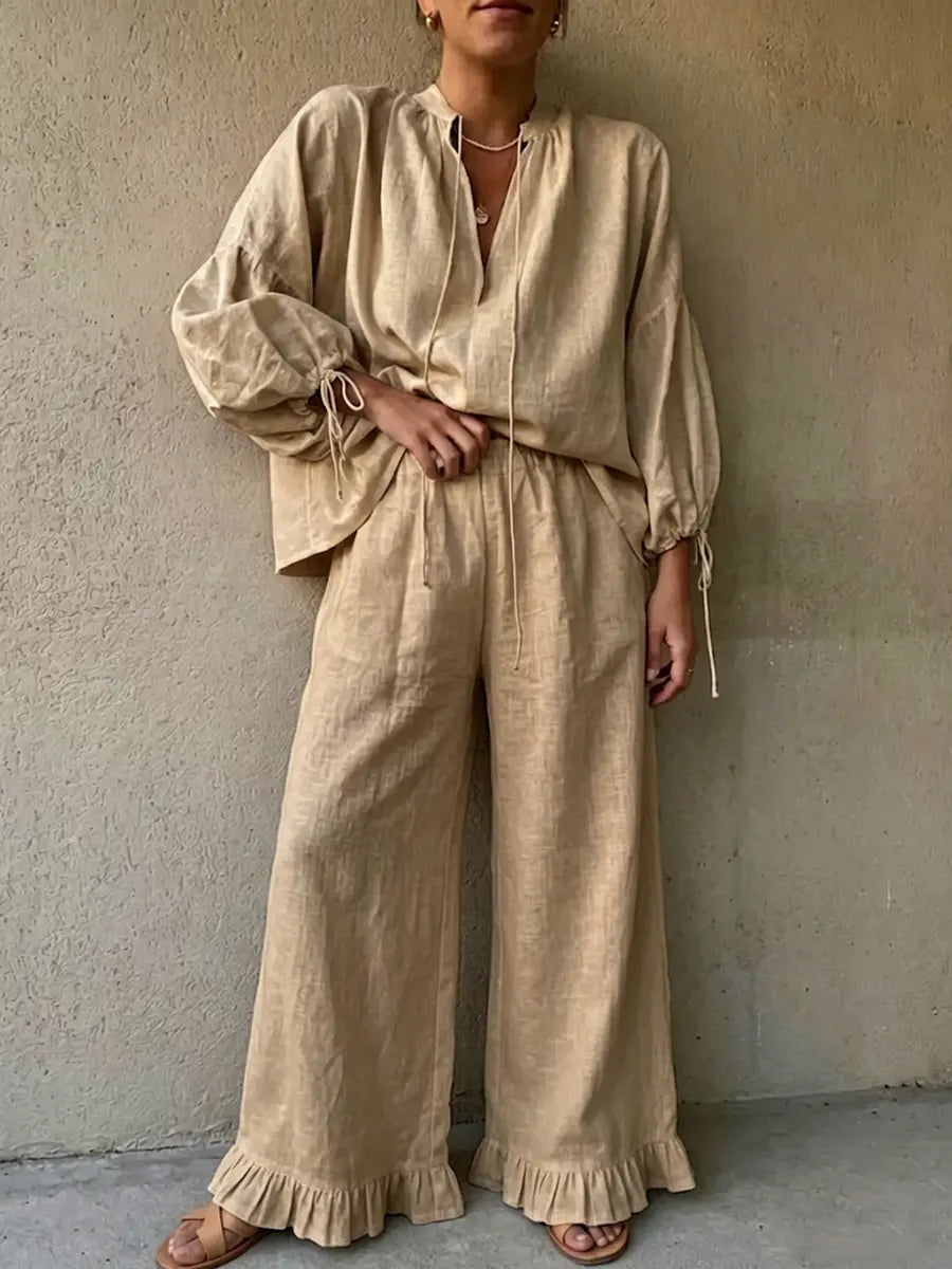 Women's Linen Ruffle Wide-leg Pants Suit