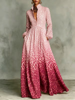 Gradient Leopard Print Stand Collar Button-down Maxi Shirt Dress