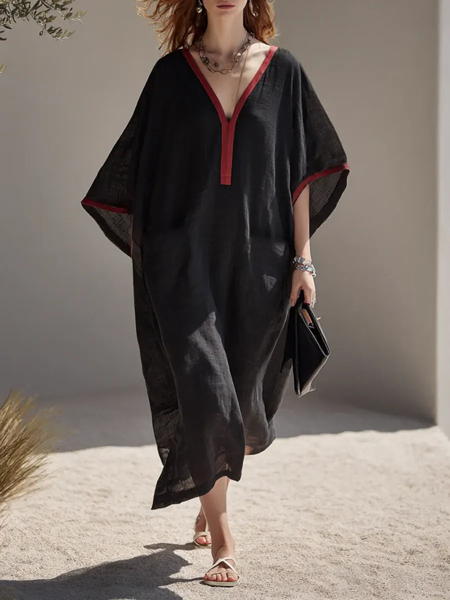 Women's Black And Red Color-blocked Linen Overlay Dress