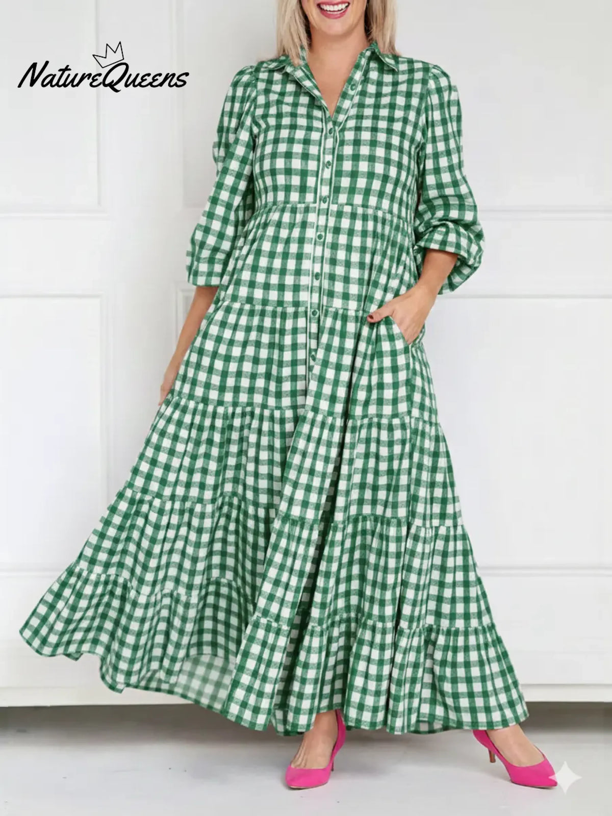 Women's Plaid Long-sleeved Cotton Dress