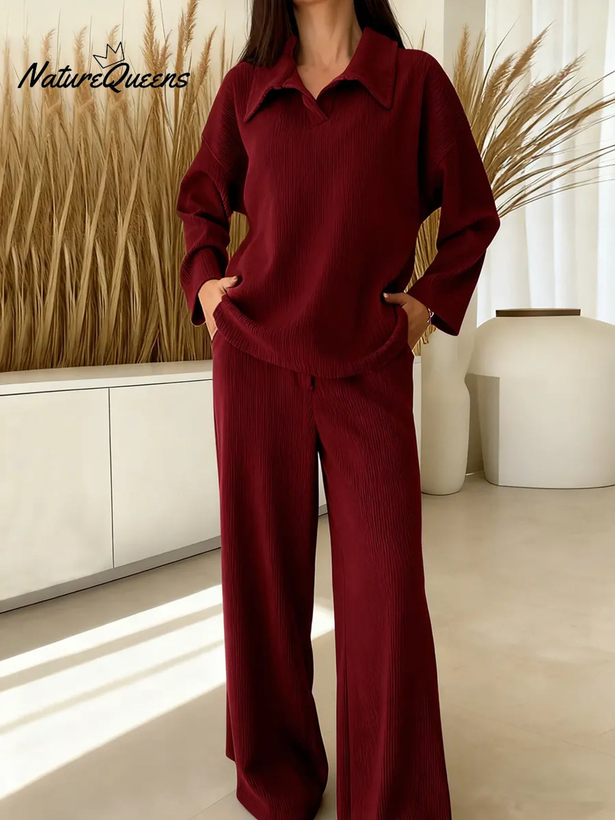 Women's Solid Color Collared Long-sleeved Casual Loose Top With Elastic Waist And Wide-leg Pants Set