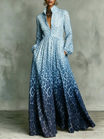 Gradient Leopard Print Stand Collar Button-down Maxi Shirt Dress