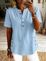 Women's V-neck Short-sleeve Casual Loose Cotton-linen Top