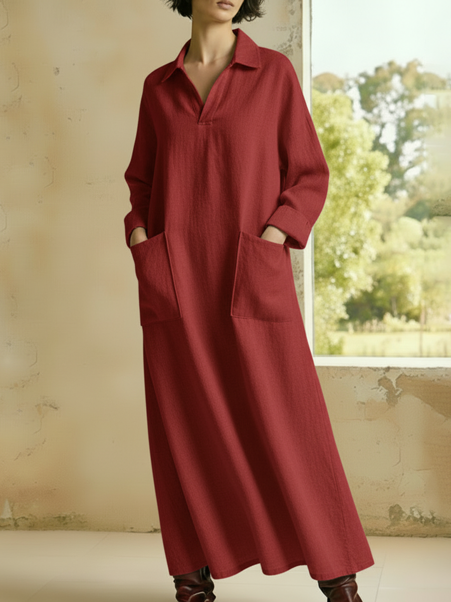 Casual And Cozy Polo-neck Loose Linen Dress